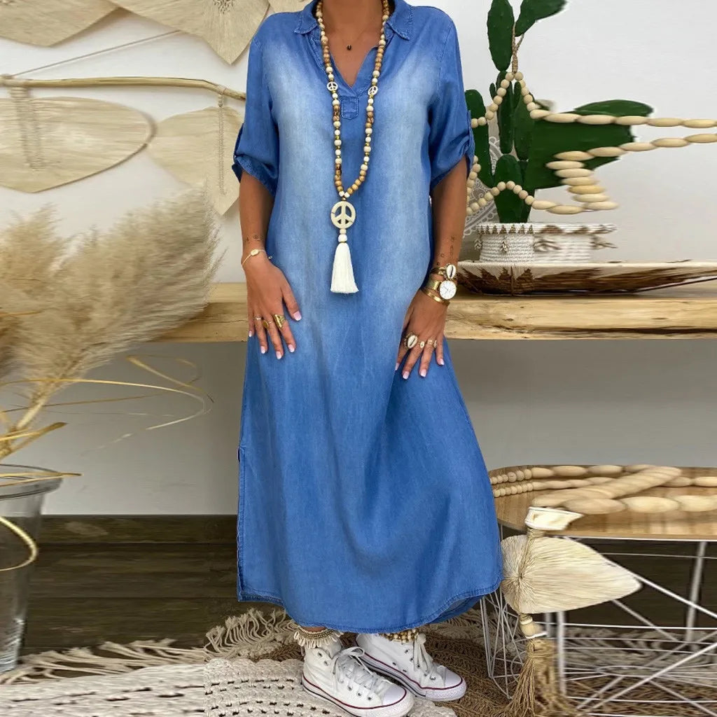 Lea | Longue Robe Jean Avec Fente Sensuelle