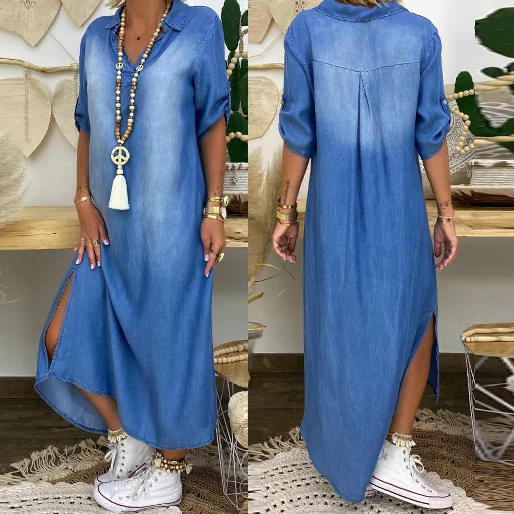Lea | Longue Robe Jean Avec Fente Sensuelle
