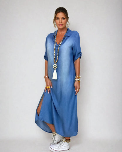 Lea | Longue Robe Jean Avec Fente Sensuelle