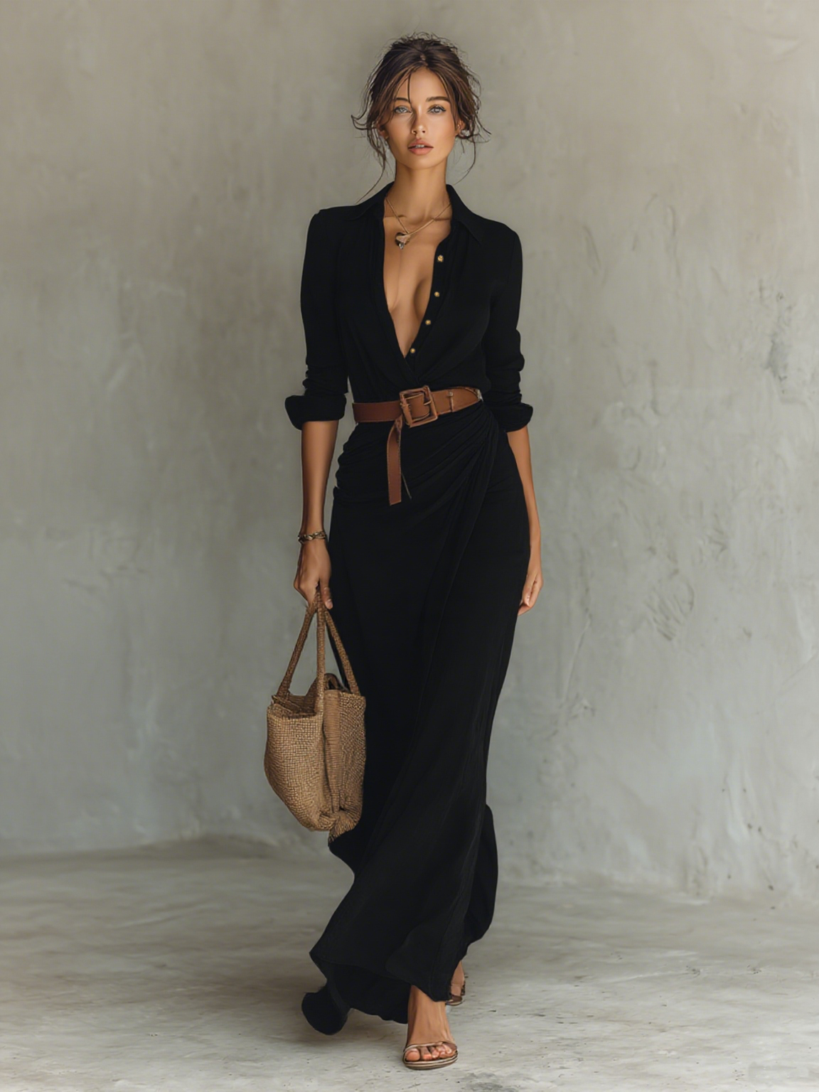 Janine | Robe Maxi Longue à Col Revers avec Ceinture