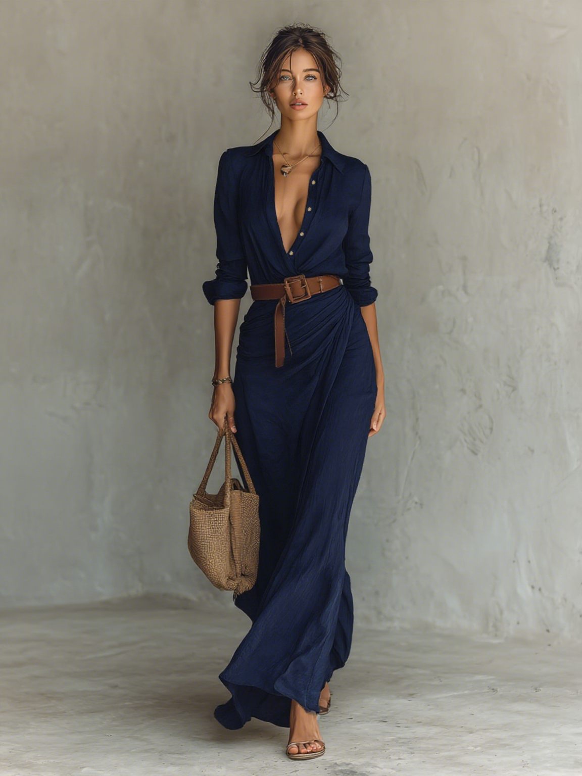 Janine | Robe Maxi Longue à Col Revers avec Ceinture