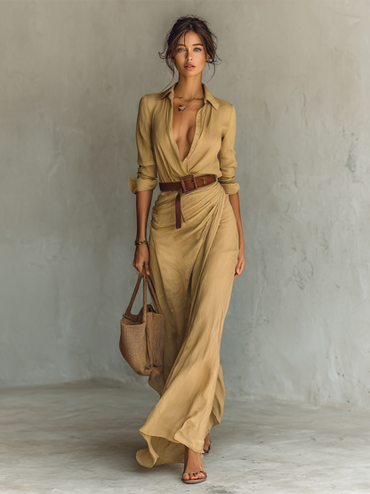 Janine | Robe Maxi Longue à Col Revers avec Ceinture