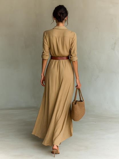 Janine | Robe Maxi Longue à Col Revers avec Ceinture